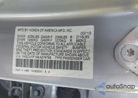 2019 Honda Accord Lx from USA, damaged, VIN 1HGCV1F14KA074766